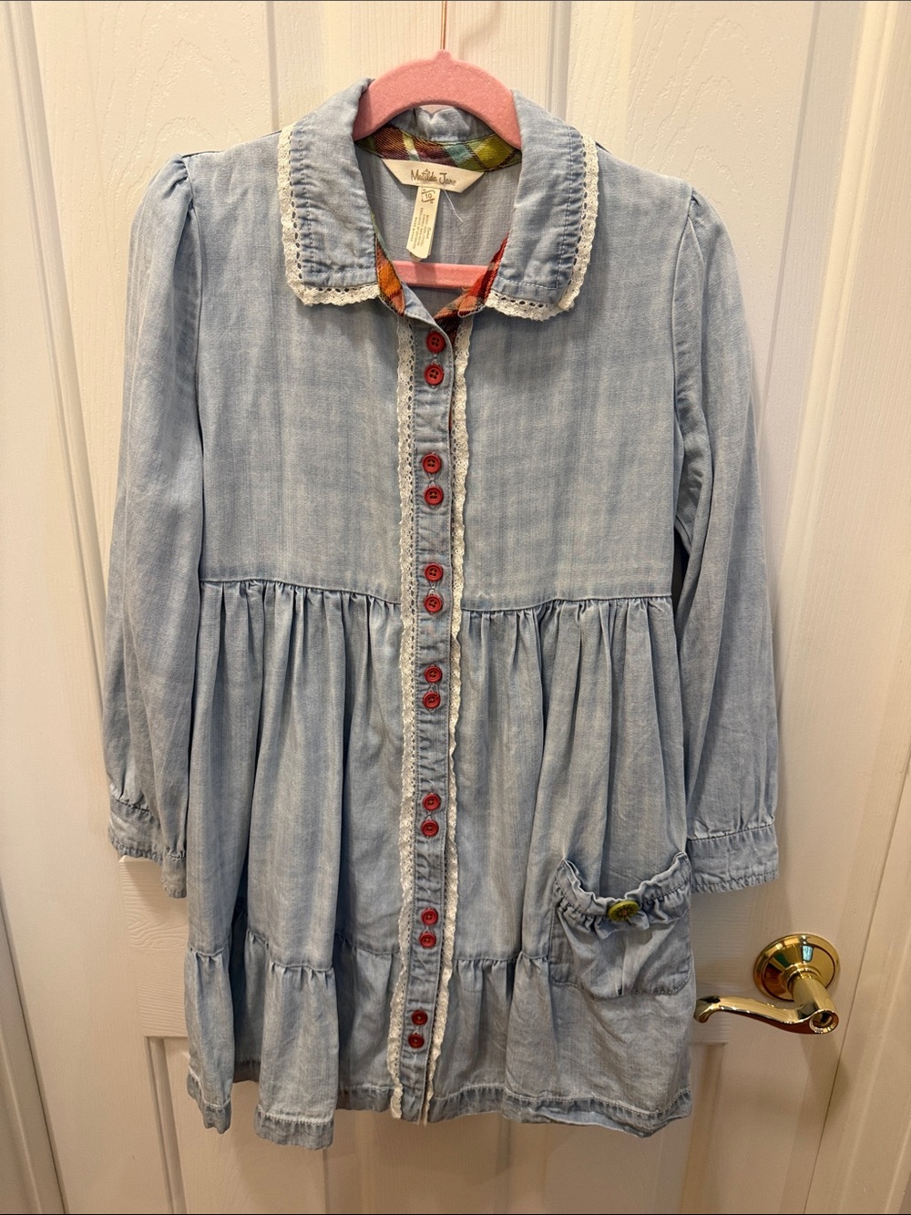 Matilda Jane Light Blue Denim-Style Button Front Girls' Dress with Red Accents